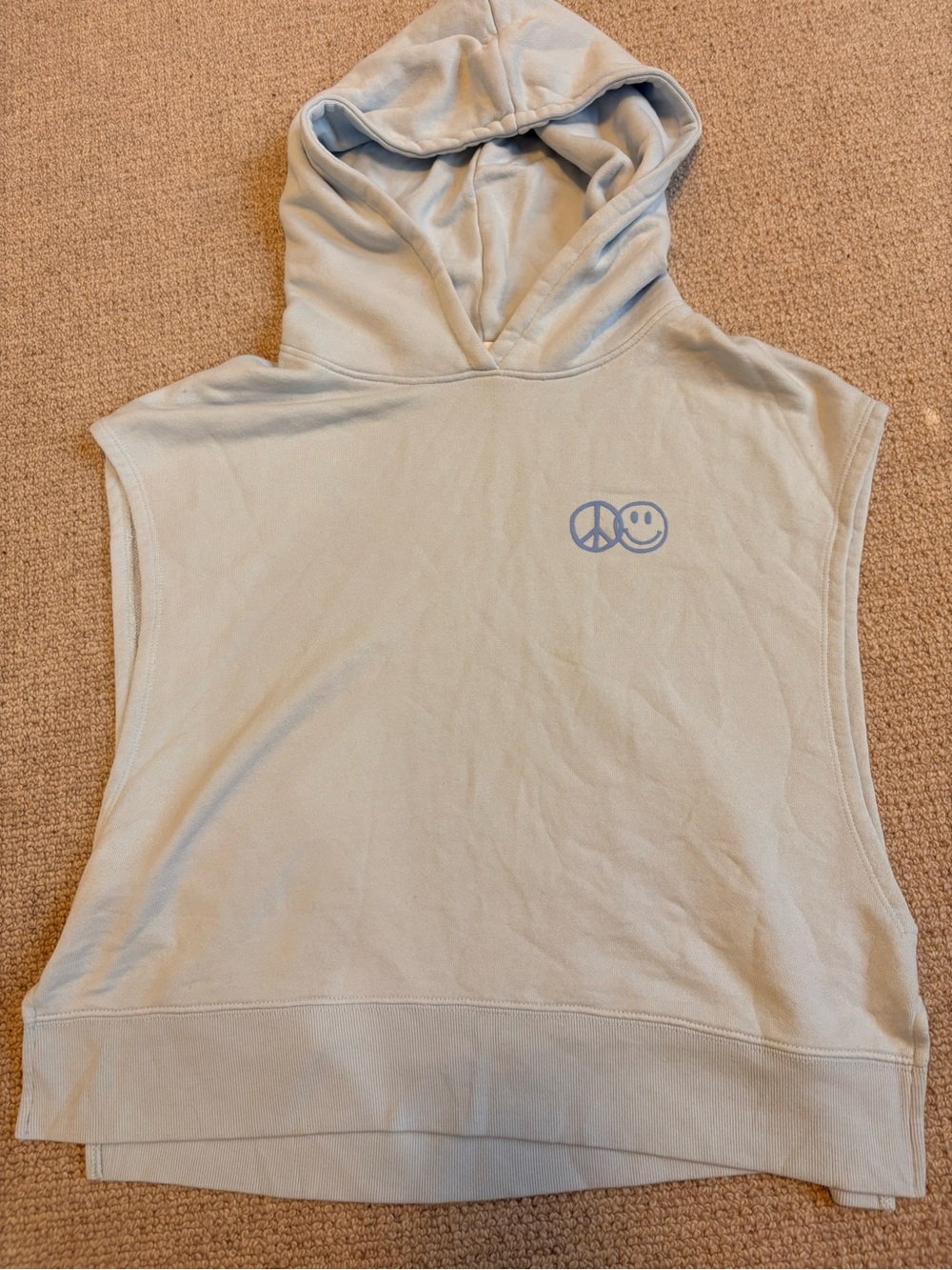 Spiritual Gangster Pale Blue Sleeveless Hooded Crop with Peace & Smile Graphic